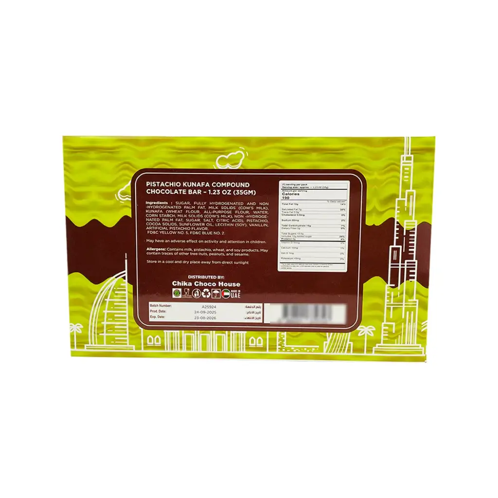 CHIKA DUBAI KUNAFA PISTACHIO CHOCOLATE BAR 24CT 35GM